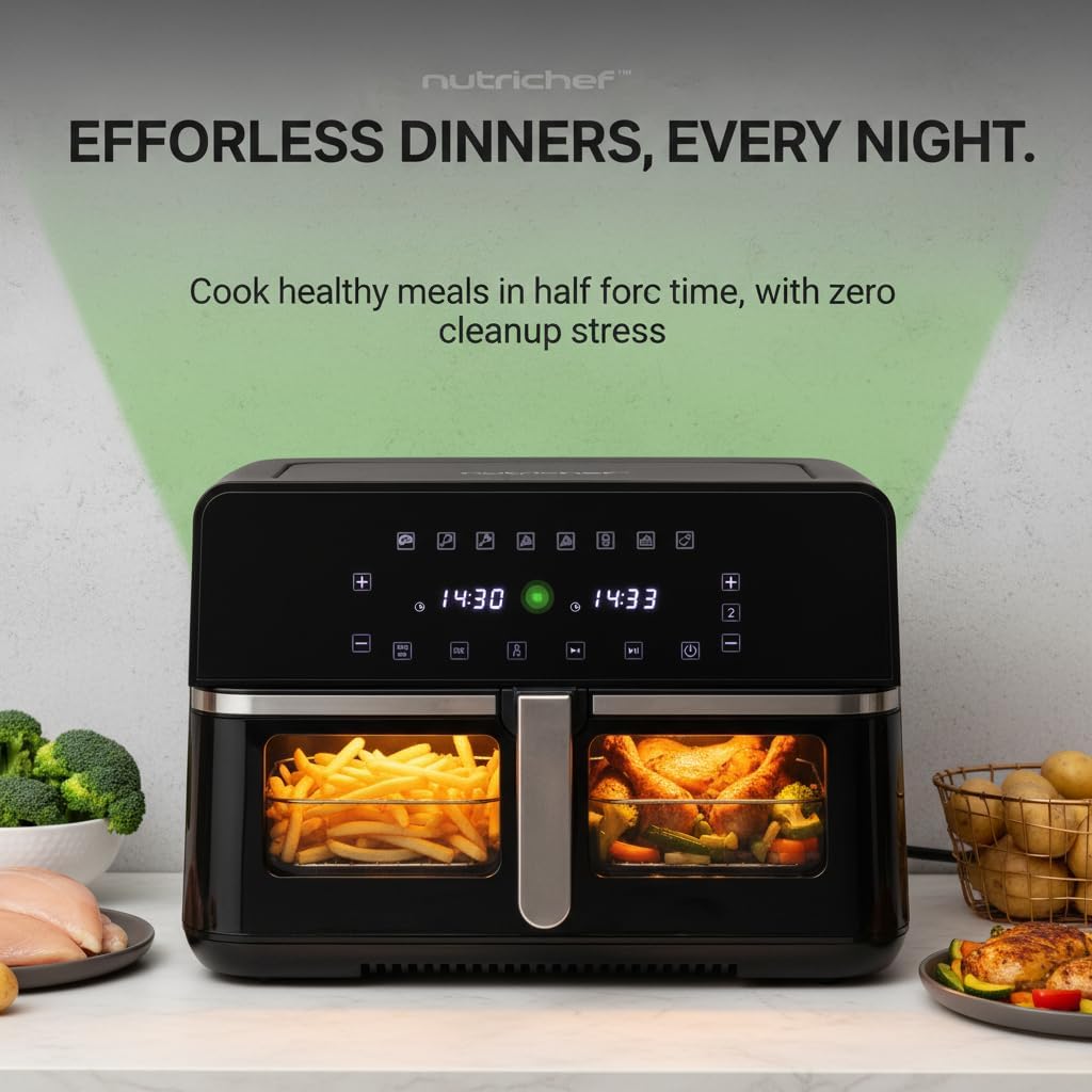 NutriChef Double Basket Air Fryer 8.8 QT | Family Size Oil Free Digital Cooker with Transparent Window | 9-1 Preset Cooking Options | 360° Hot Air Circulation Technology | 4.4 QTs per Basket | Black